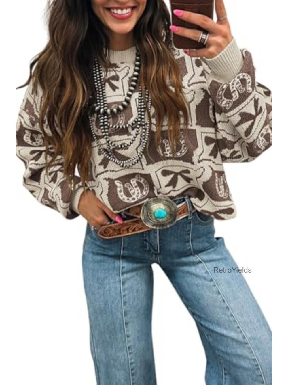 Western Boho Pullover Sweater Crew Neck Long Sleeve Drop Shoulder Knit